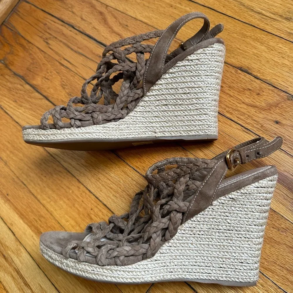 Prada wedges braised‎ rope 100% leather suede beige tan woven Sandal size 9.5